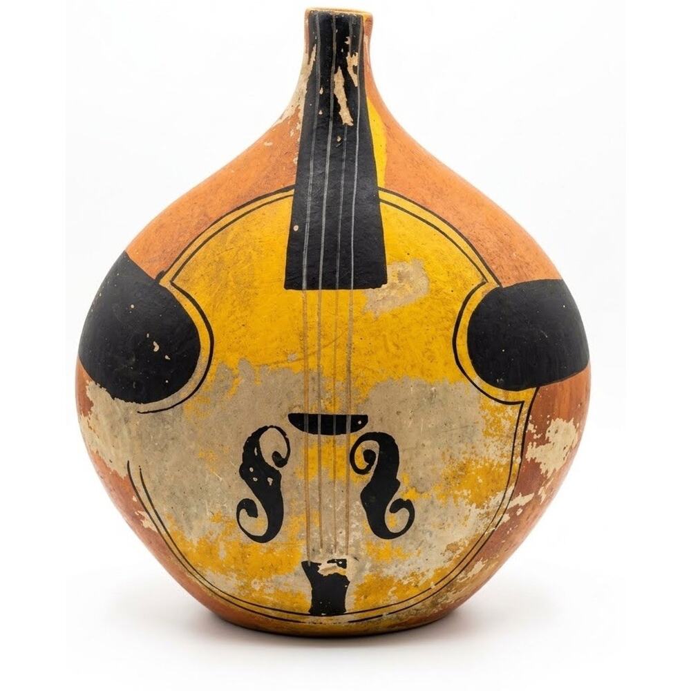 Vintage Folk Art Latin South American Pottery Vessel Vase Large Ukulele 17”